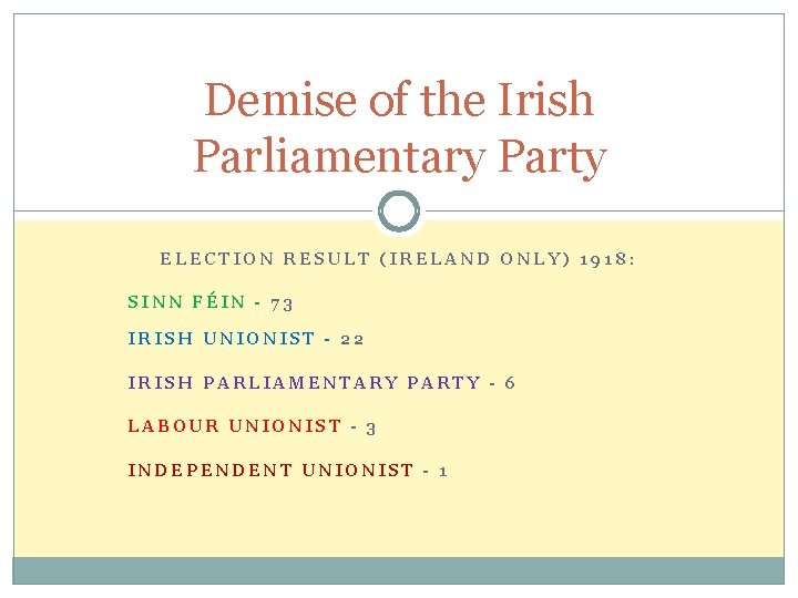 Demise of the Irish Parliamentary Party ELECTION RESULT (IRELAND ONLY) 1918: SINN FÉIN -