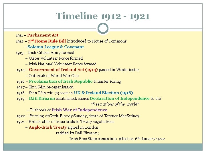 Timeline 1912 - 1921 1911 – Parliament Act 1912 – 3 rd Home Rule