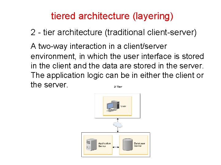 tiered architecture (layering) 2 - tier architecture (traditional client-server) A two-way interaction in a