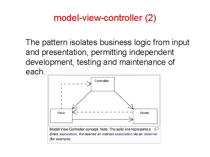 model-view-controller (2) The pattern isolates business logic from input and presentation, permitting independent development,