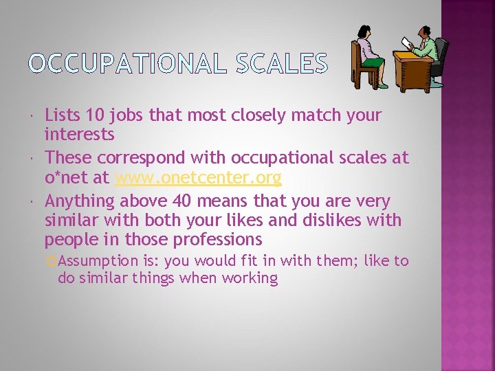 OCCUPATIONAL SCALES Lists 10 jobs that most closely match your interests These correspond with