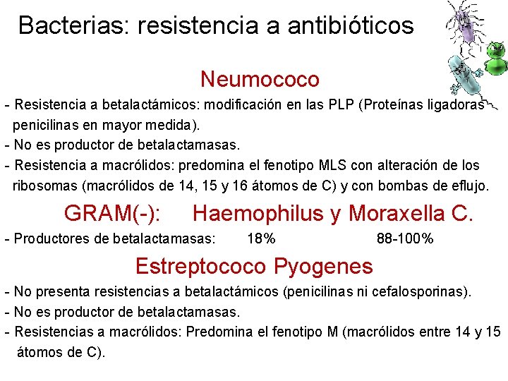 Bacterias: resistencia a antibióticos Neumococo - Resistencia a betalactámicos: modificación en las PLP (Proteínas