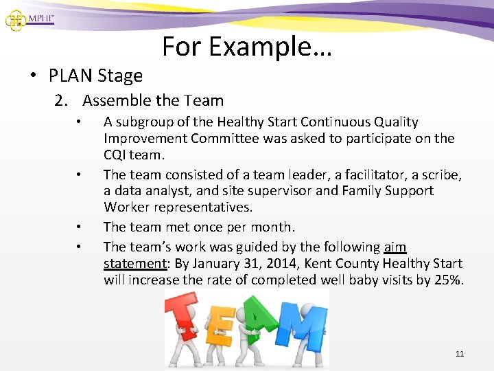  • PLAN Stage For Example… 2. Assemble the Team • • A subgroup