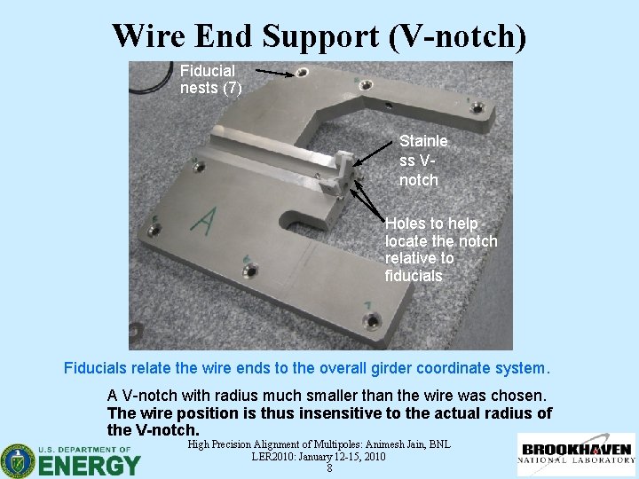 Wire End Support (V-notch) Fiducial nests (7) Stainle ss Vnotch Holes to help locate