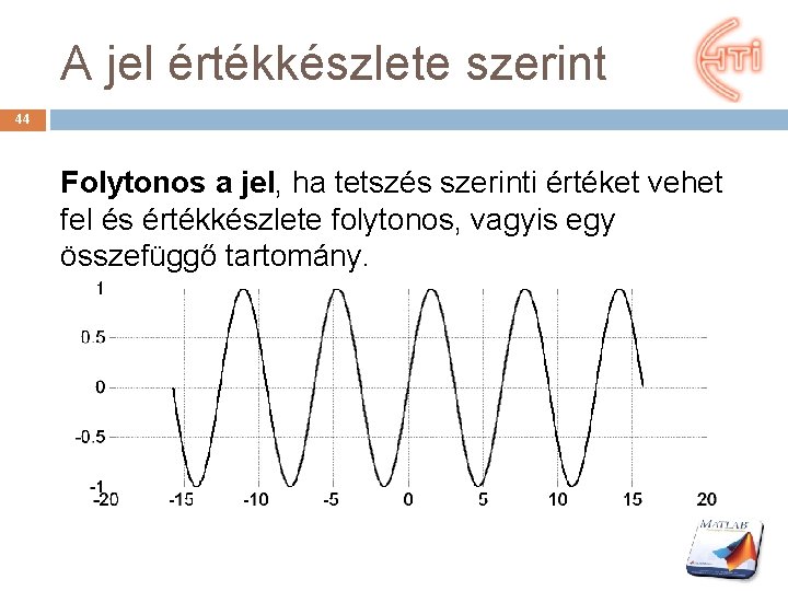 A jel értékkészlete szerint 44 Folytonos a jel, ha tetszés szerinti értéket vehet fel