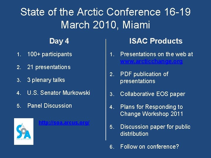 State of the Arctic Conference 16 -19 March 2010, Miami Day 4 1. 100+