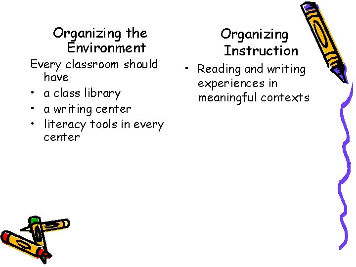 Organizing the Environment Every classroom should have • a class library • a writing