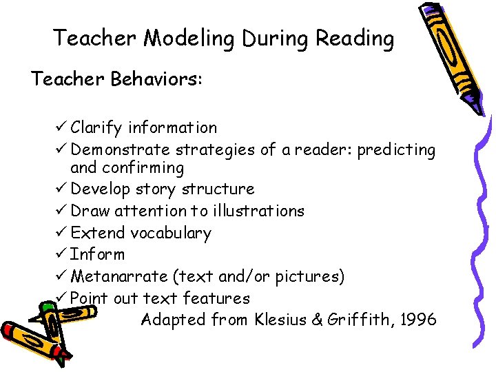 Teacher Modeling During Reading Teacher Behaviors: ü Clarify information ü Demonstrategies of a reader:
