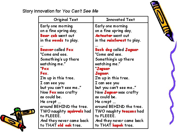 Story innovation for You Can’t See Me Original Text Innovated Text Early one morning