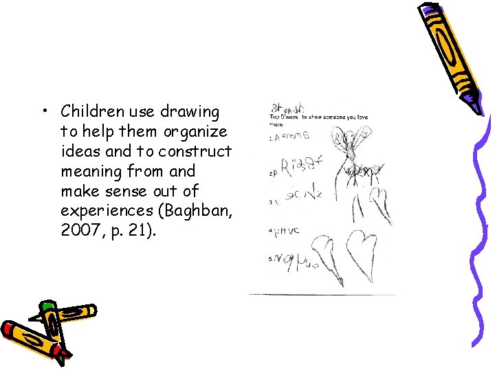  • Children use drawing to help them organize ideas and to construct meaning