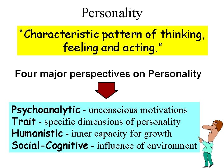 Personality “Characteristic pattern of thinking, feeling and acting. ” Four major perspectives on Personality