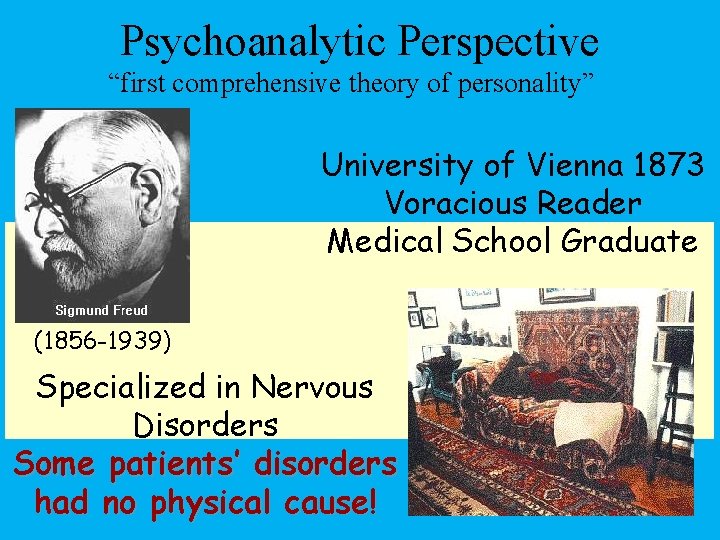 Psychoanalytic Perspective “first comprehensive theory of personality” University of Vienna 1873 Voracious Reader Medical