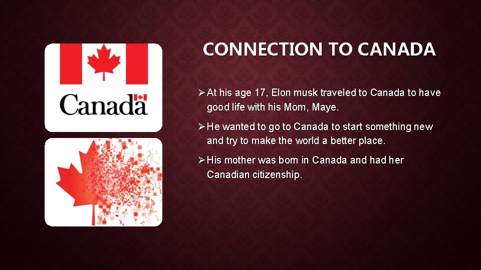 CONNECTION TO CANADA Ø At his age 17, Elon musk traveled to Canada to