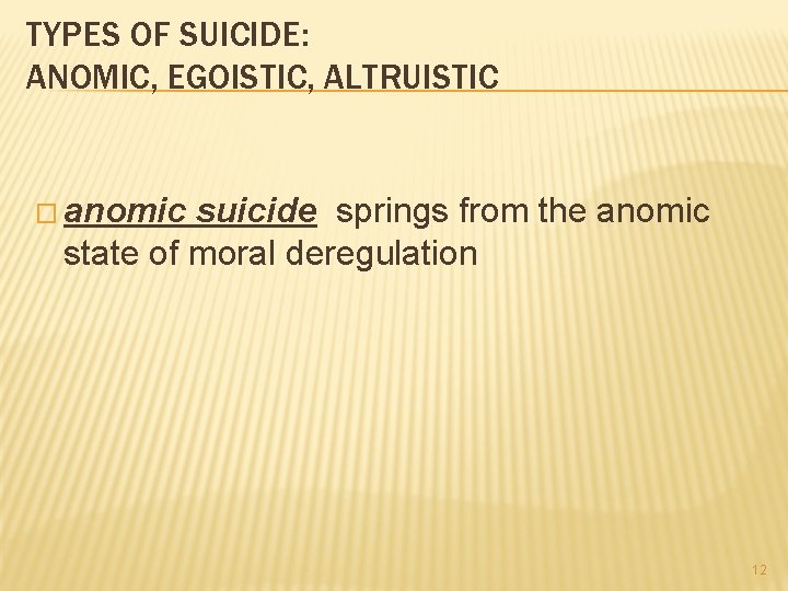 TYPES OF SUICIDE: ANOMIC, EGOISTIC, ALTRUISTIC � anomic suicide springs from the anomic state