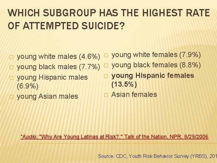 WHICH SUBGROUP HAS THE HIGHEST RATE OF ATTEMPTED SUICIDE? � � young white males
