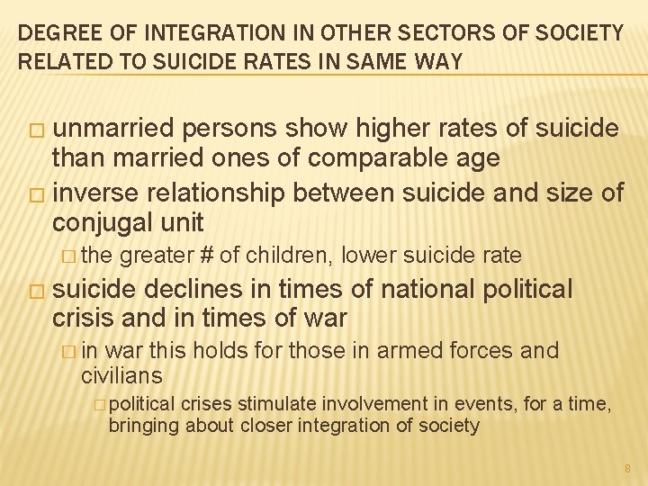 DEGREE OF INTEGRATION IN OTHER SECTORS OF SOCIETY RELATED TO SUICIDE RATES IN SAME