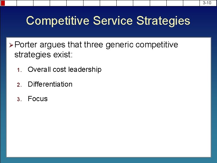 3 -10 Competitive Service Strategies Ø Porter argues that three generic competitive strategies exist: