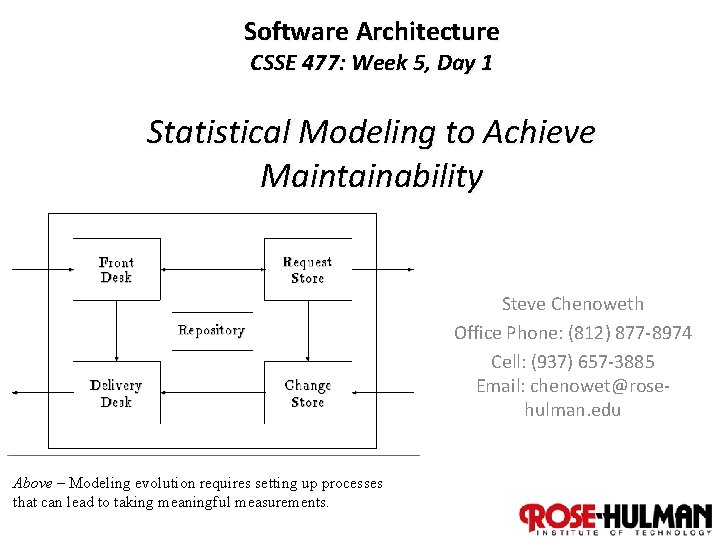 Software Architecture CSSE 477: Week 5, Day 1 Statistical Modeling to Achieve Maintainability Steve