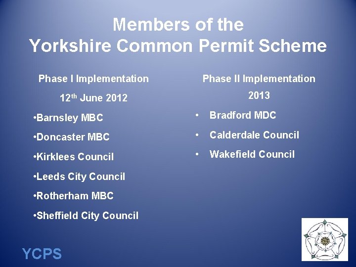 Members of the Yorkshire Common Permit Scheme Phase I Implementation Phase II Implementation 12