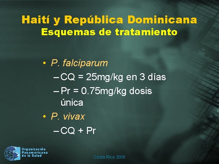 Haití y República Dominicana Esquemas de tratamiento • P. falciparum – CQ = 25