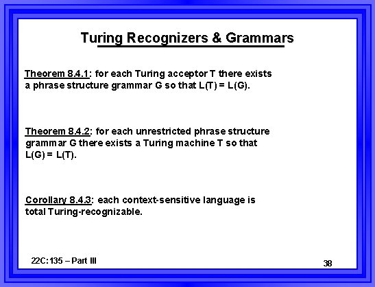 Turing Recognizers & Grammars Theorem 8. 4. 1: for each Turing acceptor T there