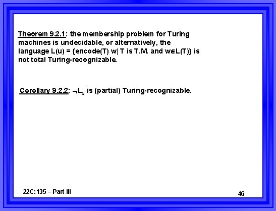 Theorem 9. 2. 1: the membership problem for Turing machines is undecidable, or alternatively,