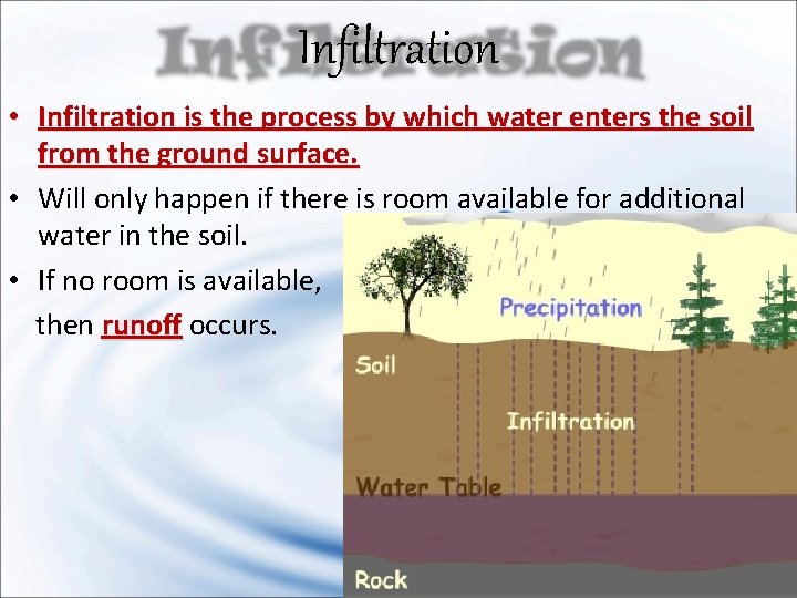 Infiltration • Infiltration is the process by which water enters the soil from the