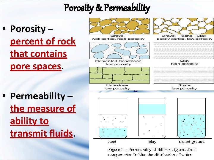 Porosity & Permeability • Porosity – percent of rock that contains pore spaces. •