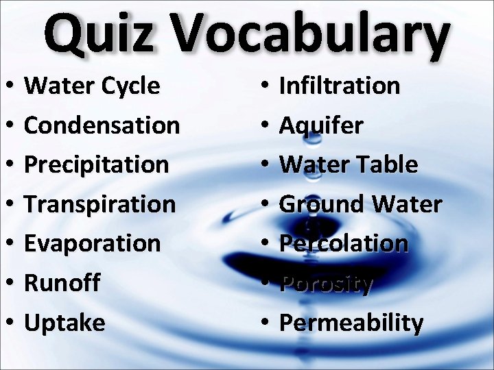 Quiz Vocabulary • Water Cycle • Condensation • Precipitation • Transpiration • Evaporation •