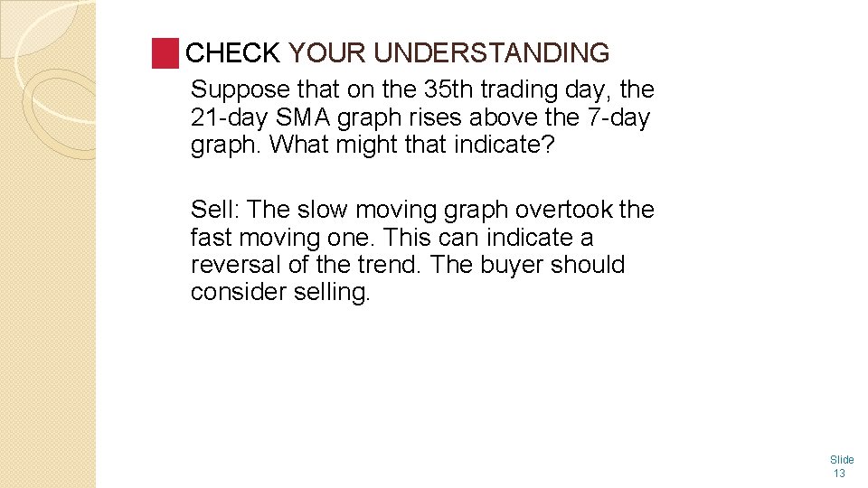 CHECK YOUR UNDERSTANDING Suppose that on the 35 th trading day, the 21 -day