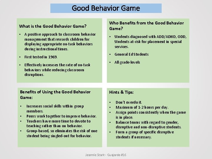 Good Behavior Game What is the Good Behavior Game? Who Benefits from the Good