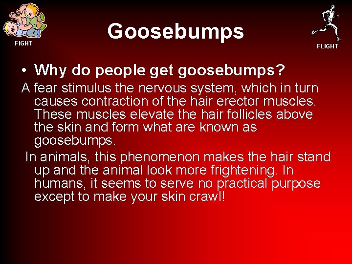 FIGHT Goosebumps FLIGHT • Why do people get goosebumps? A fear stimulus the nervous