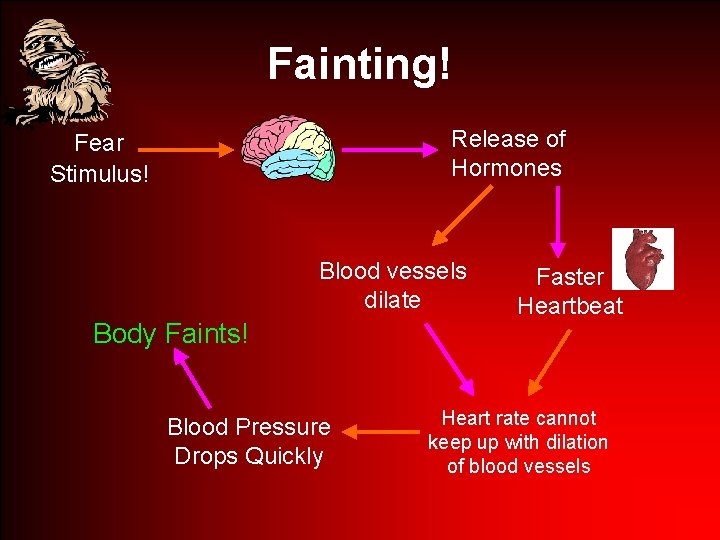 Fainting! FIGHT FLIGHT Release of Hormones Fear Stimulus! Blood vessels dilate Body Faints! Blood