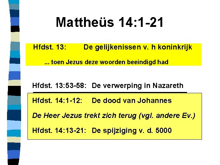 Mattheüs 14: 1 -21 Hfdst. 13: De gelijkenissen v. h koninkrijk . . .