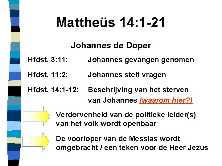 Mattheüs 14: 1 -21 Johannes de Doper Hfdst. 3: 11: Johannes gevangen genomen Hfdst.