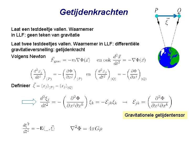 Getijdenkrachten Laat een testdeeltje vallen. Waarnemer in LLF: geen teken van gravitatie Laat twee