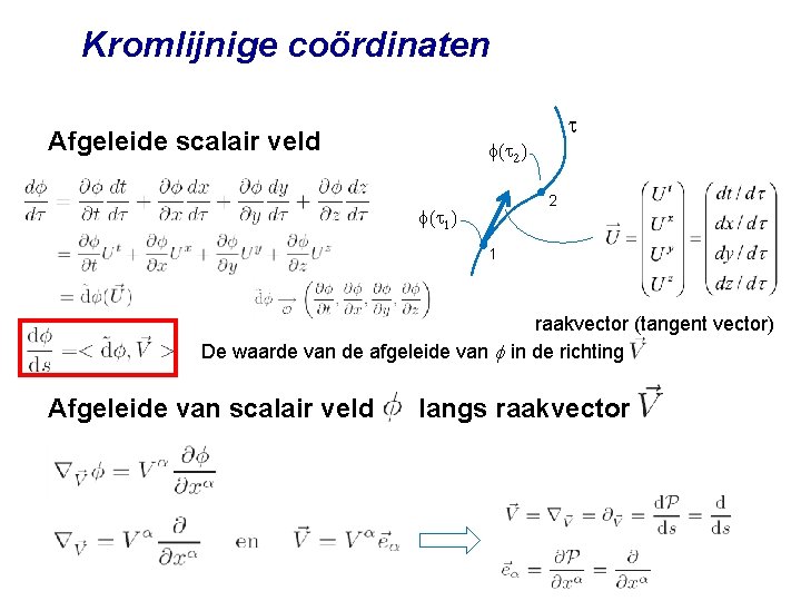 Kromlijnige coördinaten Afgeleide scalair veld t f(t 2) 2 f(t 1) 1 raakvector (tangent