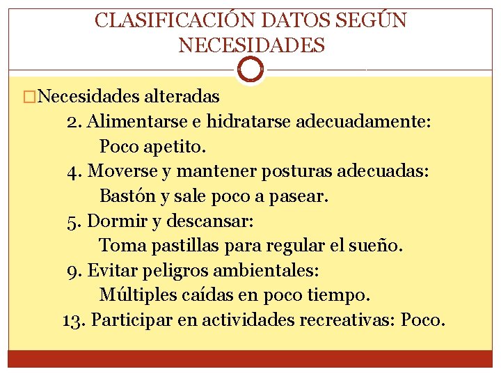 CLASIFICACIÓN DATOS SEGÚN NECESIDADES �Necesidades alteradas 2. Alimentarse e hidratarse adecuadamente: Poco apetito. 4.