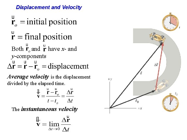 Displacement and Velocity Both and have x- and y-components Average velocity is the displacement Displacement and Velocity Both and have x- and y-components Average velocity is the displacement