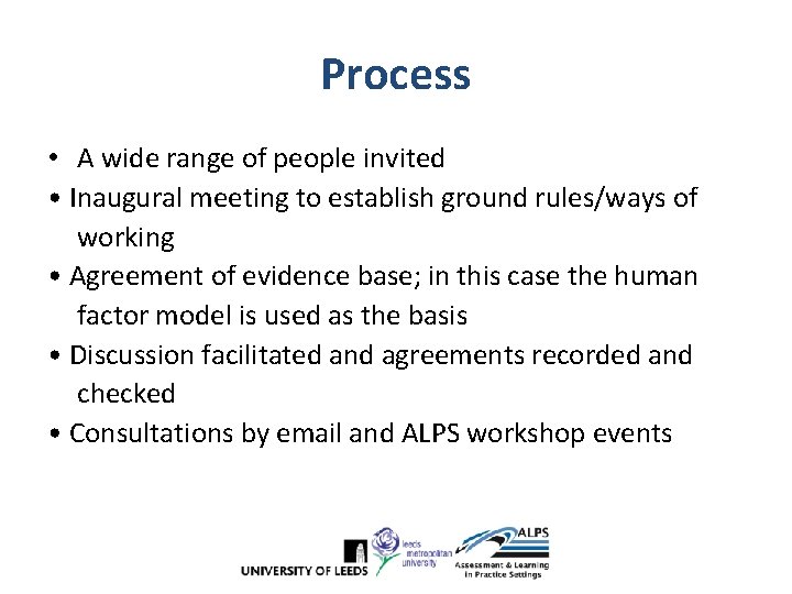 Process • A wide range of people invited • Inaugural meeting to establish ground Process • A wide range of people invited • Inaugural meeting to establish ground