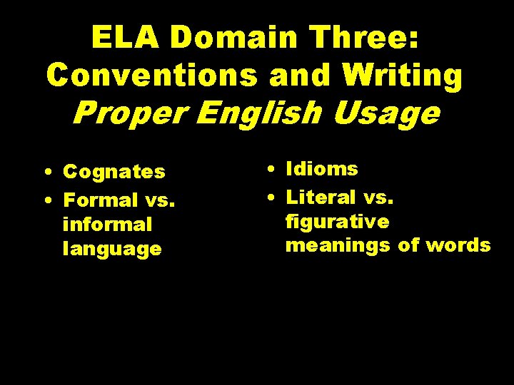 ELA Domain Three: Conventions and Writing Proper English Usage • Cognates • Formal vs.