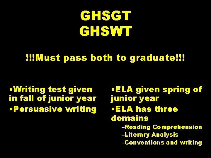 GHSGT GHSWT !!!Must pass both to graduate!!! • Writing test given in fall of