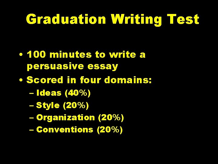 Graduation Writing Test • 100 minutes to write a persuasive essay • Scored in