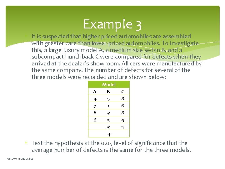 Example 3 It is suspected that higher priced automobiles are assembled with greater care