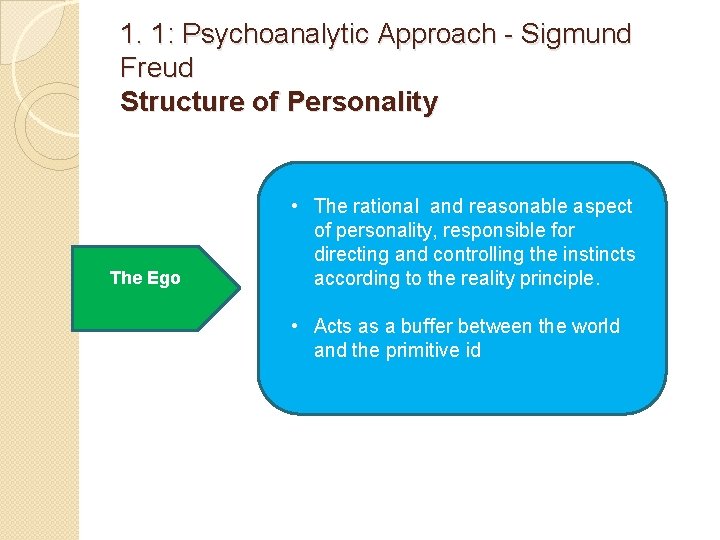 1. 1: Psychoanalytic Approach - Sigmund Freud Structure of Personality The Ego • The