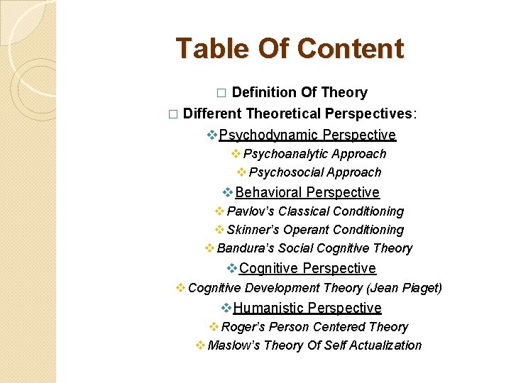 Table Of Content Definition Of Theory � Different Theoretical Perspectives: v. Psychodynamic Perspective �