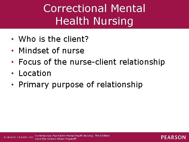 Correctional Mental Health Nursing • • • Who is the client? Mindset of nurse