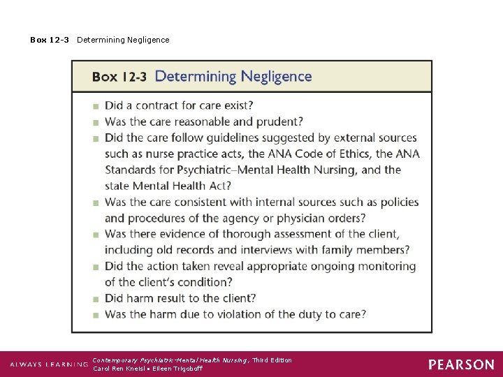 Box 12 -3 Determining Negligence Contemporary Psychiatric-Mental Health Nursing , Third Edition Carol Ren