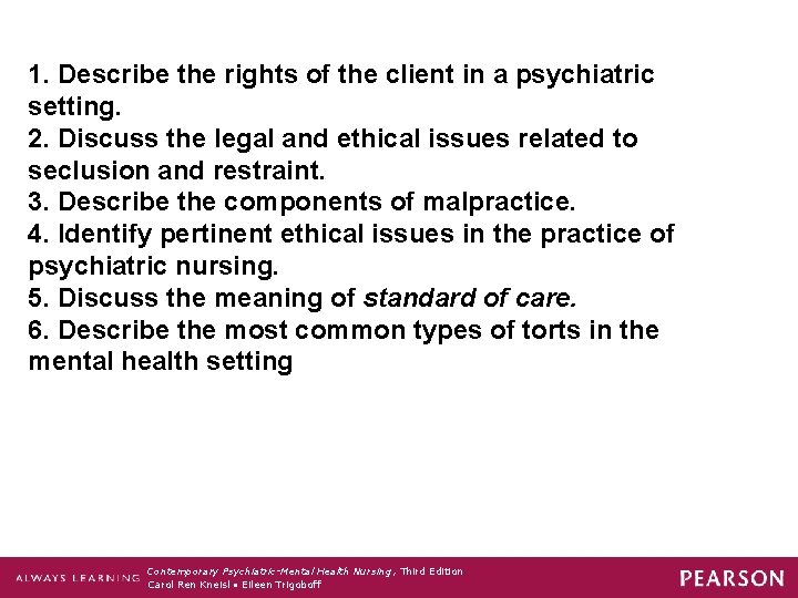 1. Describe the rights of the client in a psychiatric setting. 2. Discuss the