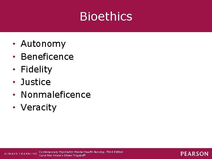 Bioethics • • • Autonomy Beneficence Fidelity Justice Nonmaleficence Veracity Contemporary Psychiatric-Mental Health Nursing